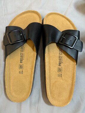 Project Cloud Black Buckle Slide Sandals Size 10 Recovery Foam Footbed SKU077